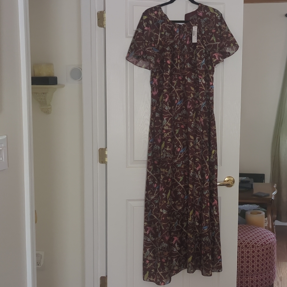 Pink and Brown V-Neck Flutter Sleeve Maxi Dress